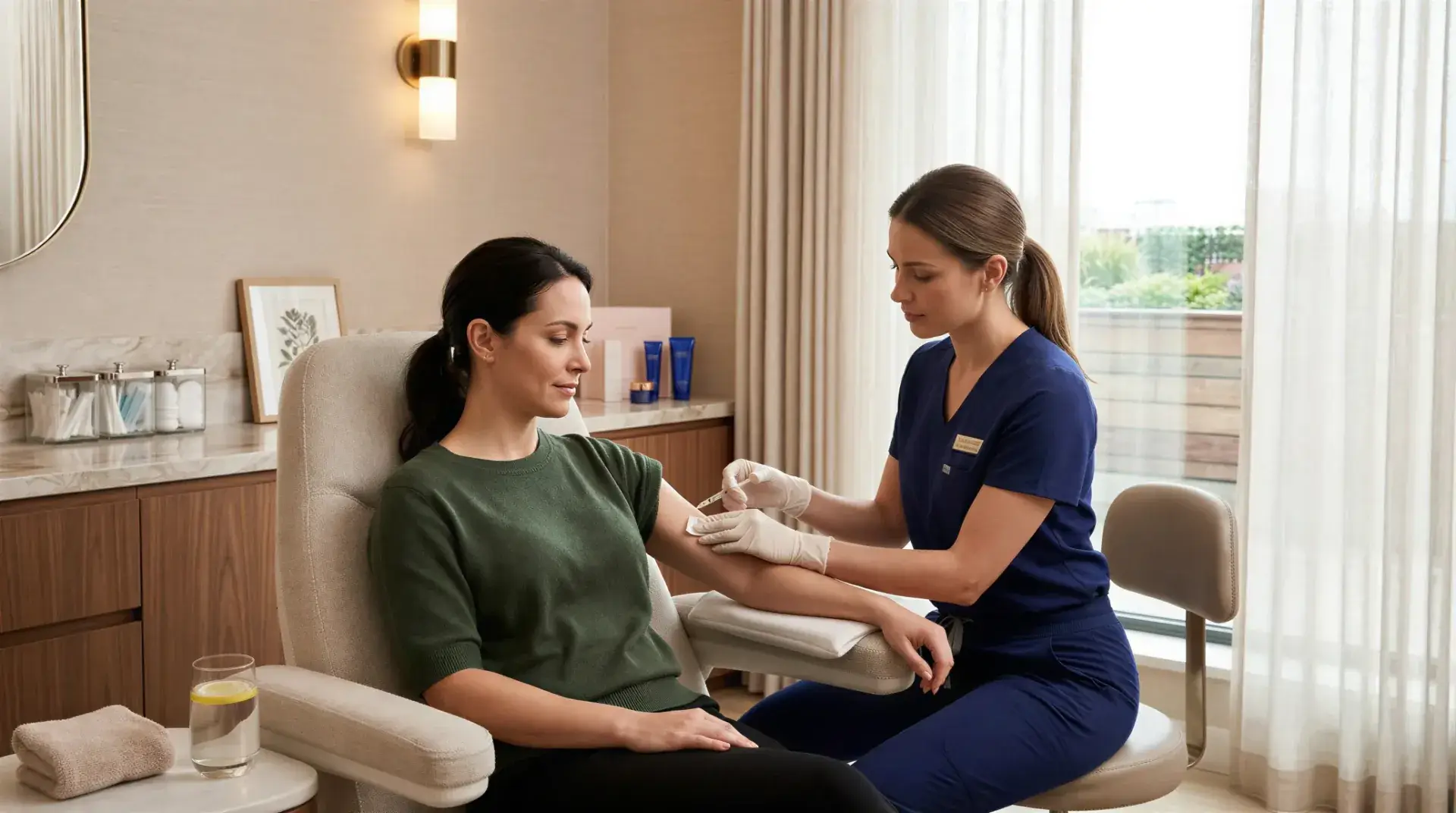 A gloved Well Labs+ provider preparing a weekly GLP-1 class medication injection for a client in a calm treatment room