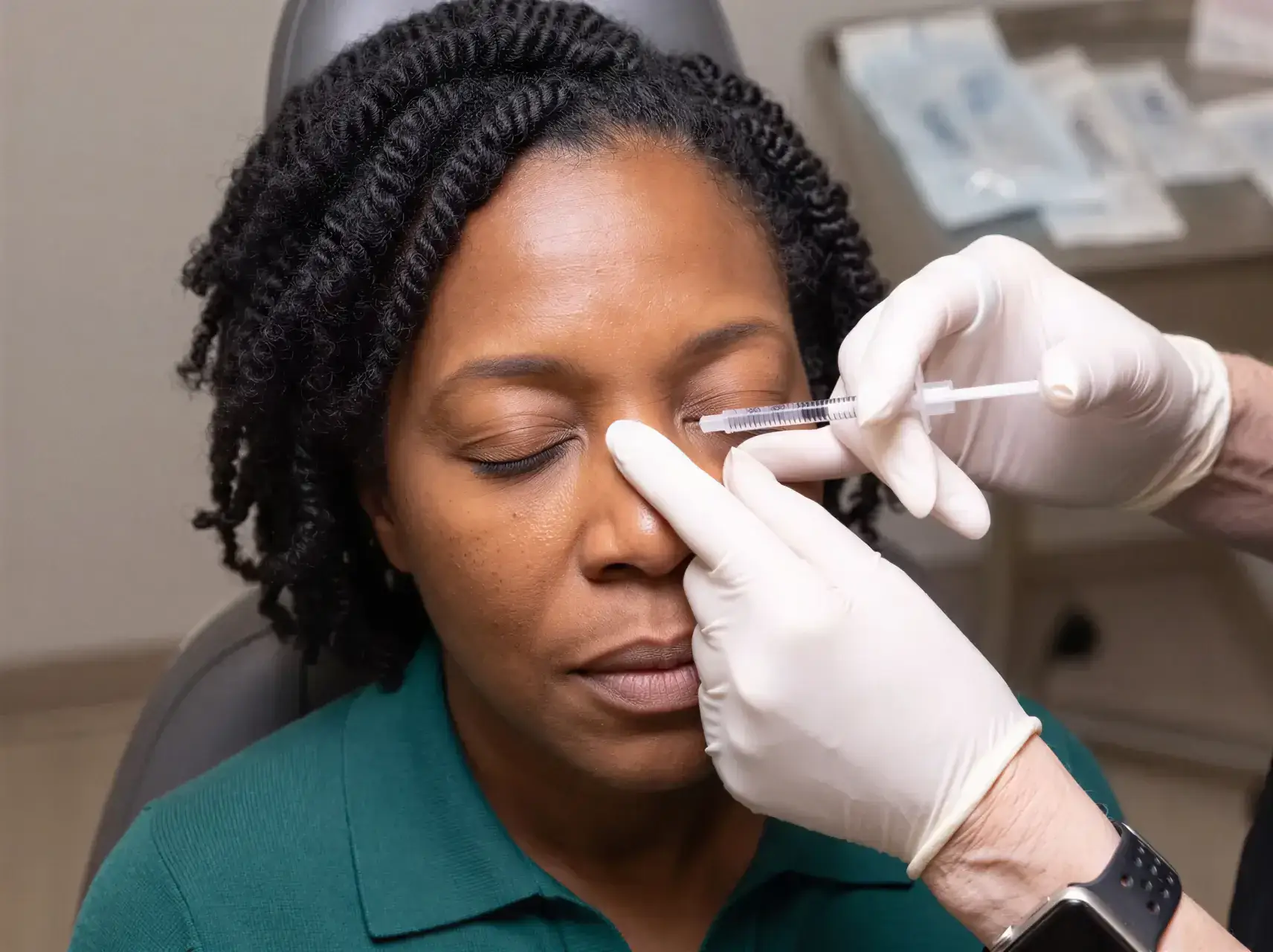 A gloved provider administering a precise Botox injection near a client's eye during an in-office visit at Well Labs+ Dallas