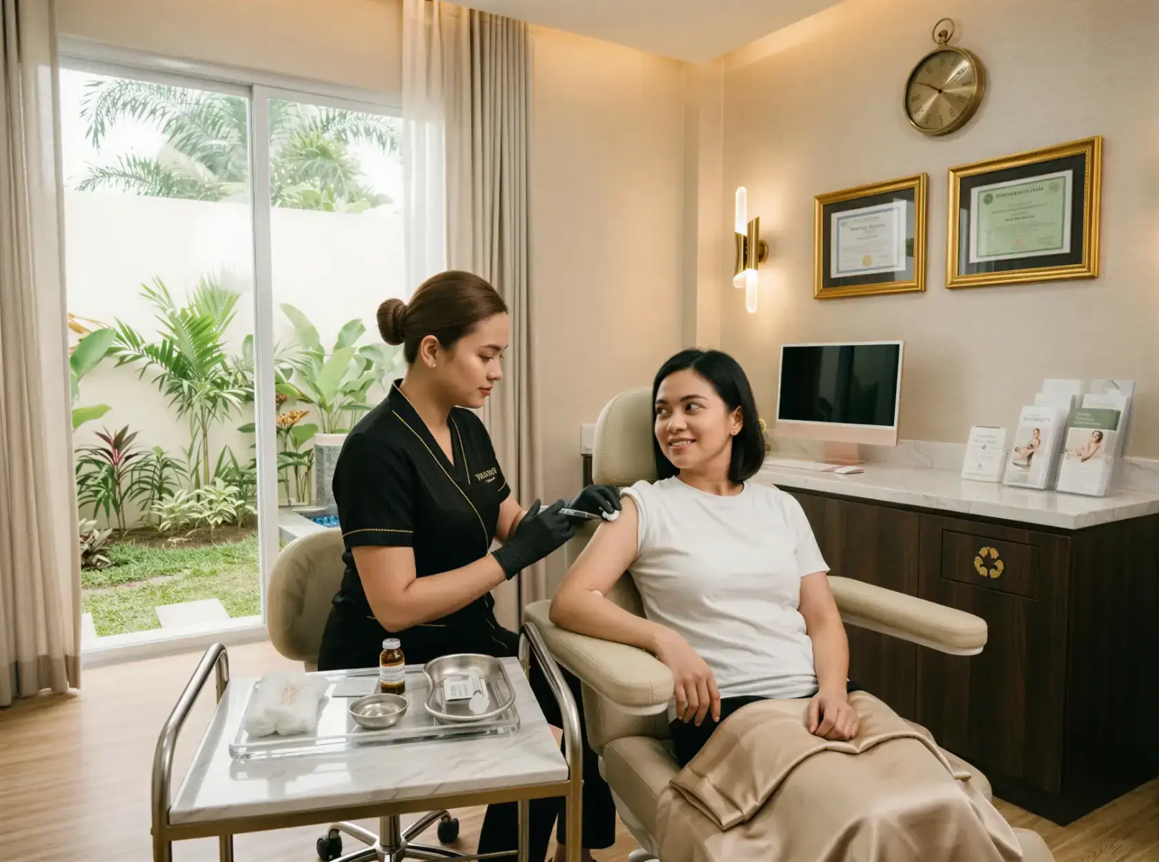 A nurse administering a glutathione injection to a smiling client in a bright treatment room