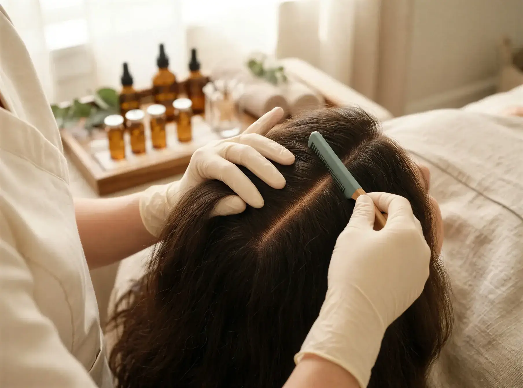 A gloved provider parts a client's hair with a comb during a scalp treatment, with dropper serum bottles on a tray behind