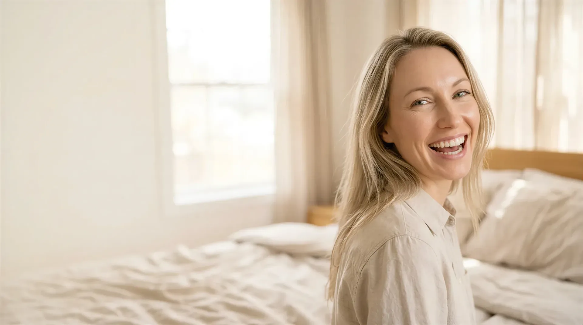 Blonde woman laughing in a bright, sunlit Dallas bedroom, reflecting natural-looking Botox results that keep her expressions her own
