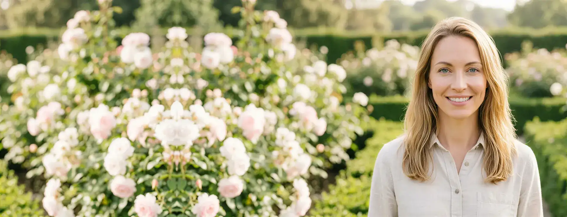 Woman with clear, even skin smiling in a rose garden in soft light, evoking chemical peel resurfacing results in Dallas