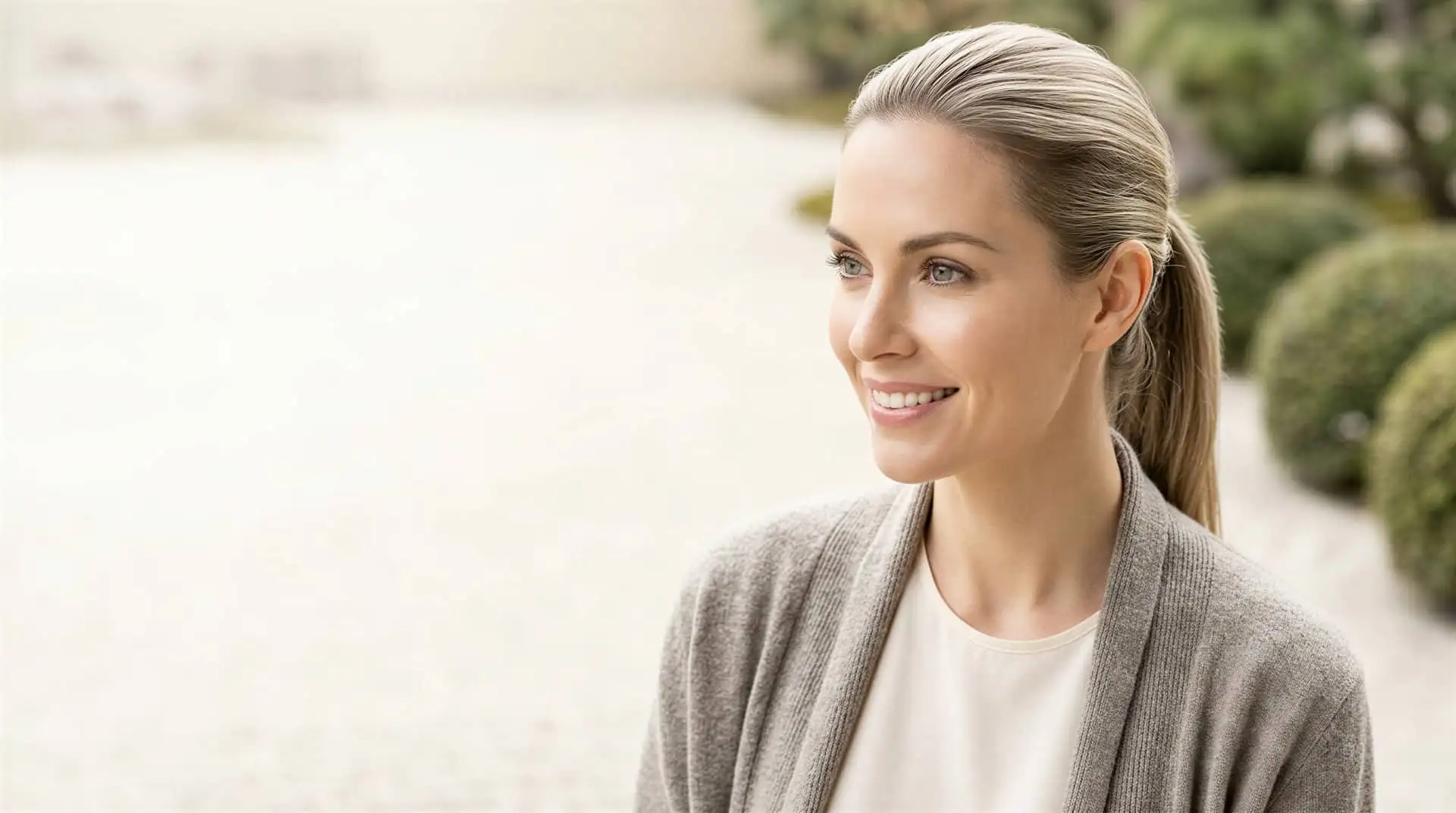 Woman with smooth, radiant skin smiling in a serene garden, reflecting fractional CO2 laser resurfacing results in Dallas