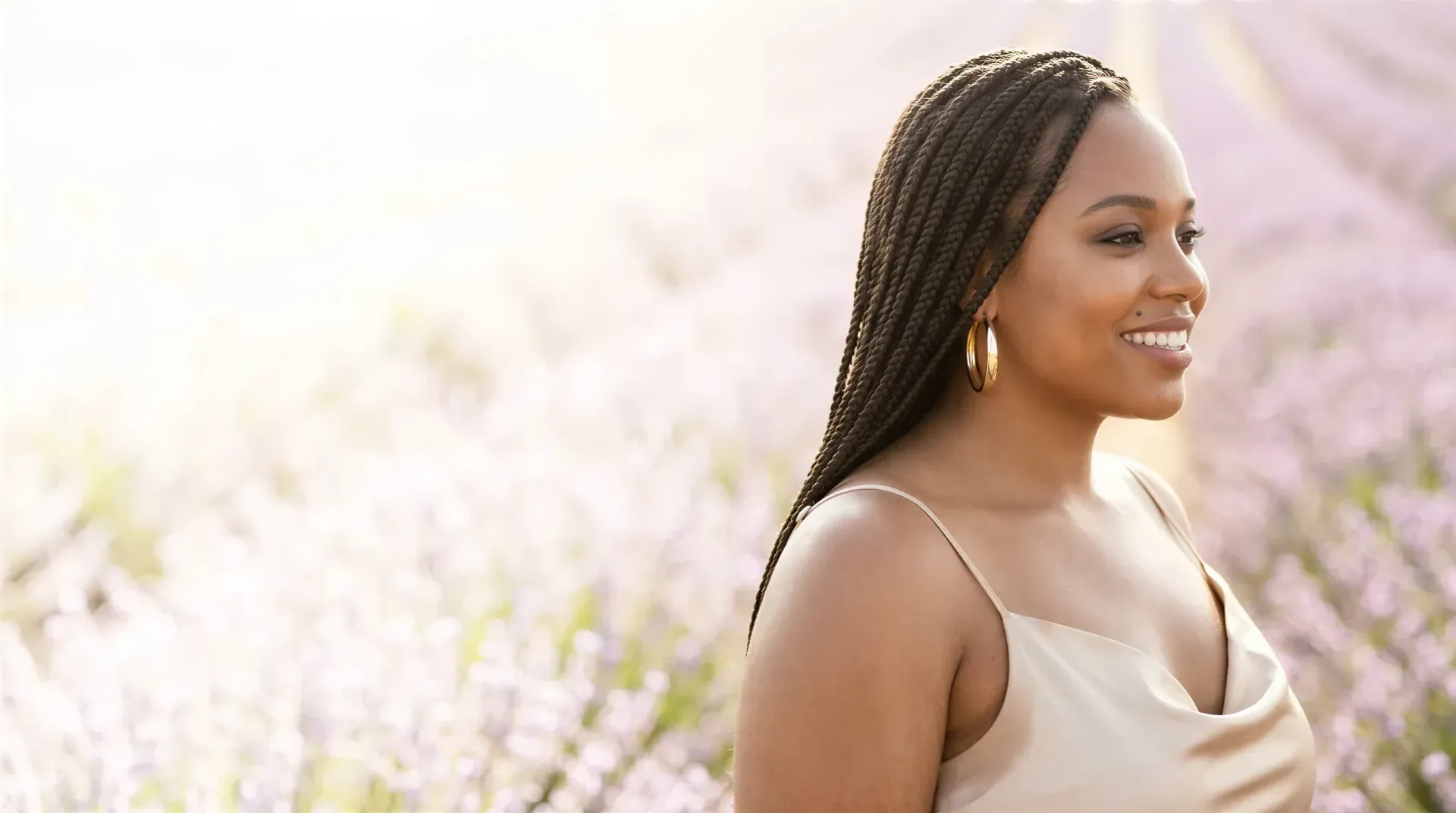 Woman with braided hair smiling in a sunlit lavender field near Dallas, reflecting the smooth, natural results of Dysport
