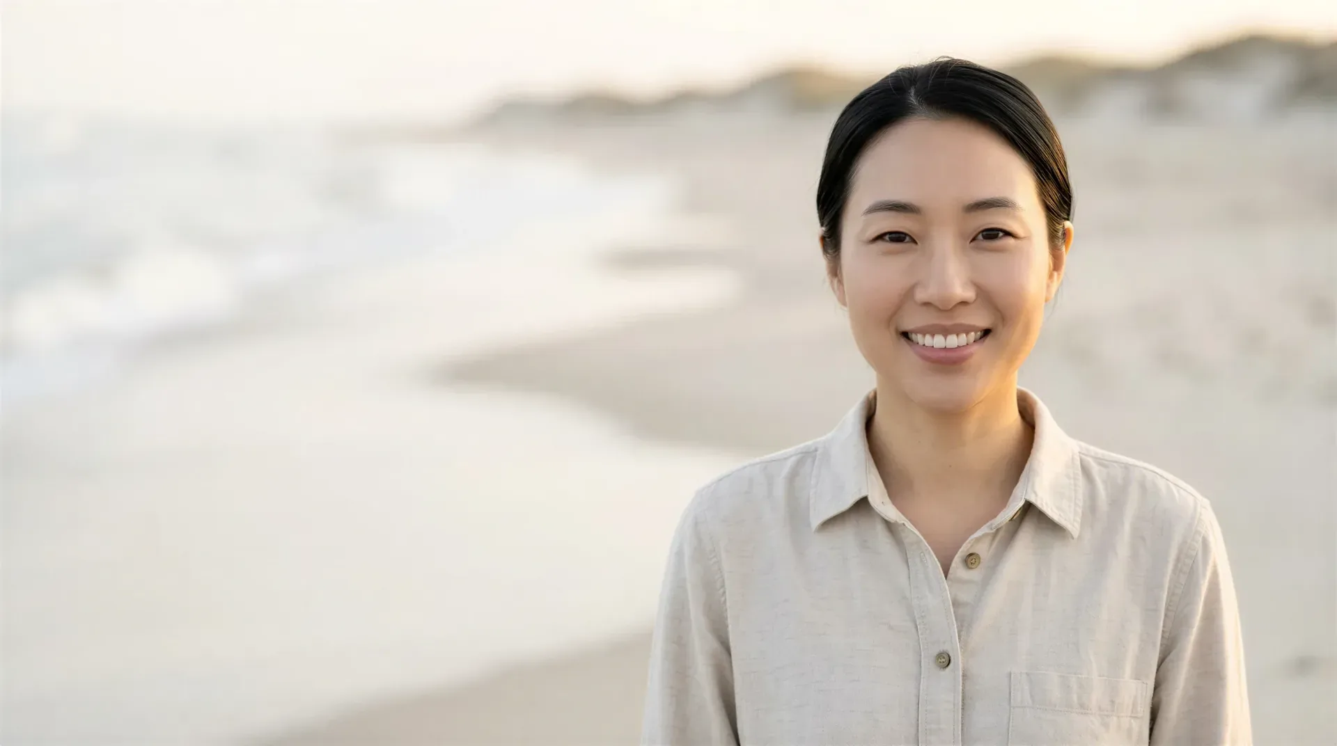 Smiling woman with smooth, healthy skin on a beach at golden hour, evoking natural-looking Genius RF microneedling results in Dallas