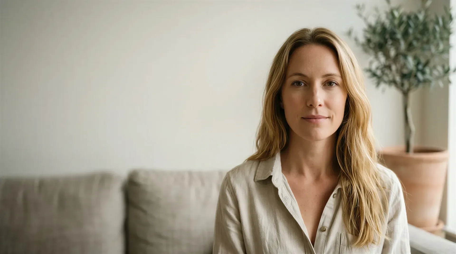 Woman with a calm, refreshed complexion seated in a bright, plant-filled room, evoking a brighter Glo2Facial result in Dallas