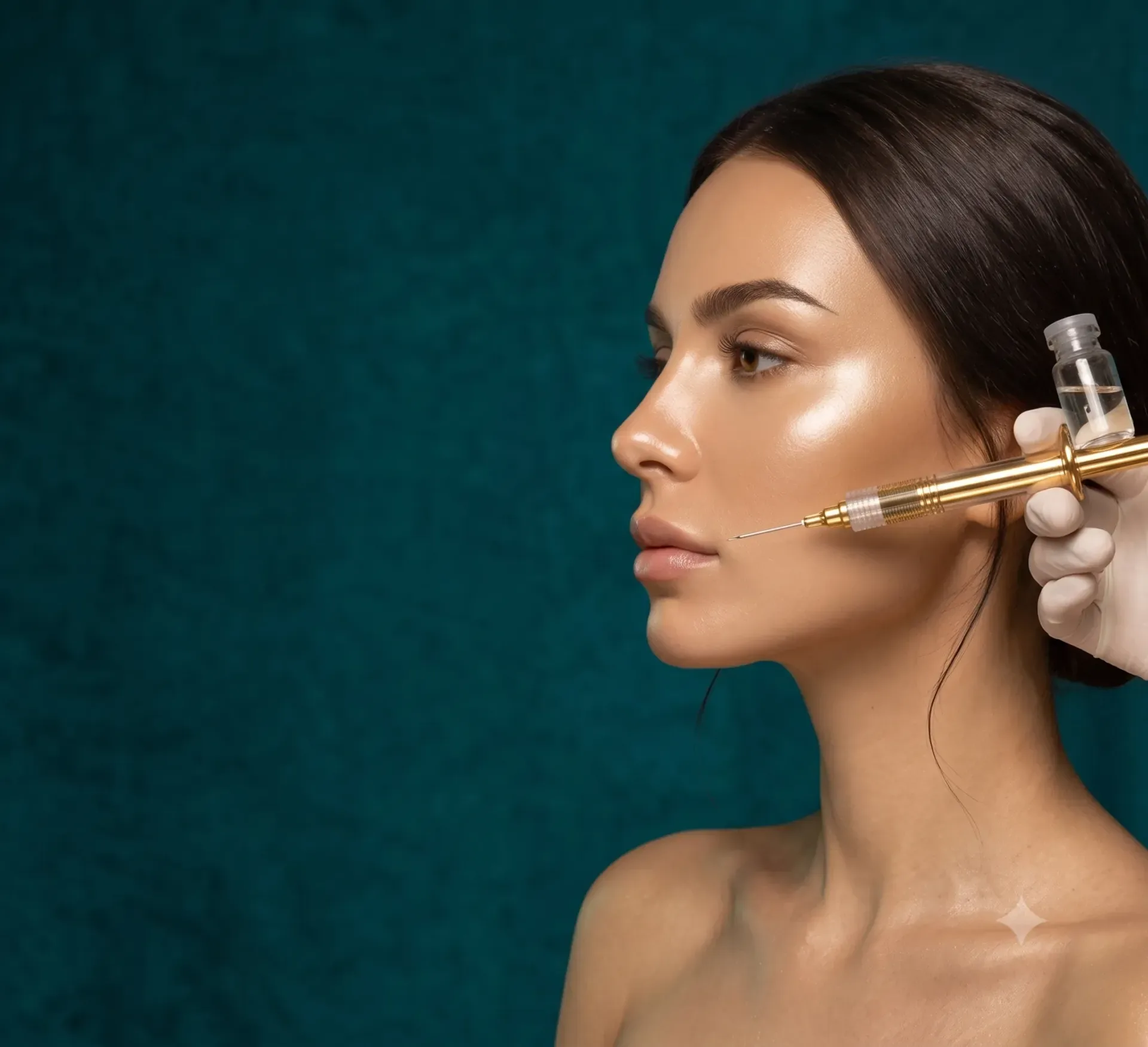Woman in profile with smooth, glowing skin as a gloved provider holds a fine injector near her face
