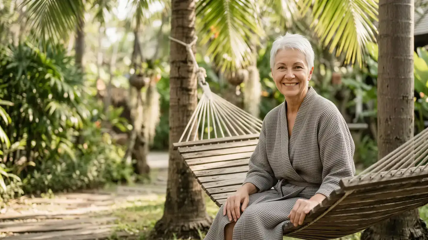 Silver-haired woman smiling on a hammock in a lush garden in warm golden light, evoking a conservative overall-aging and vitality plan in Dallas