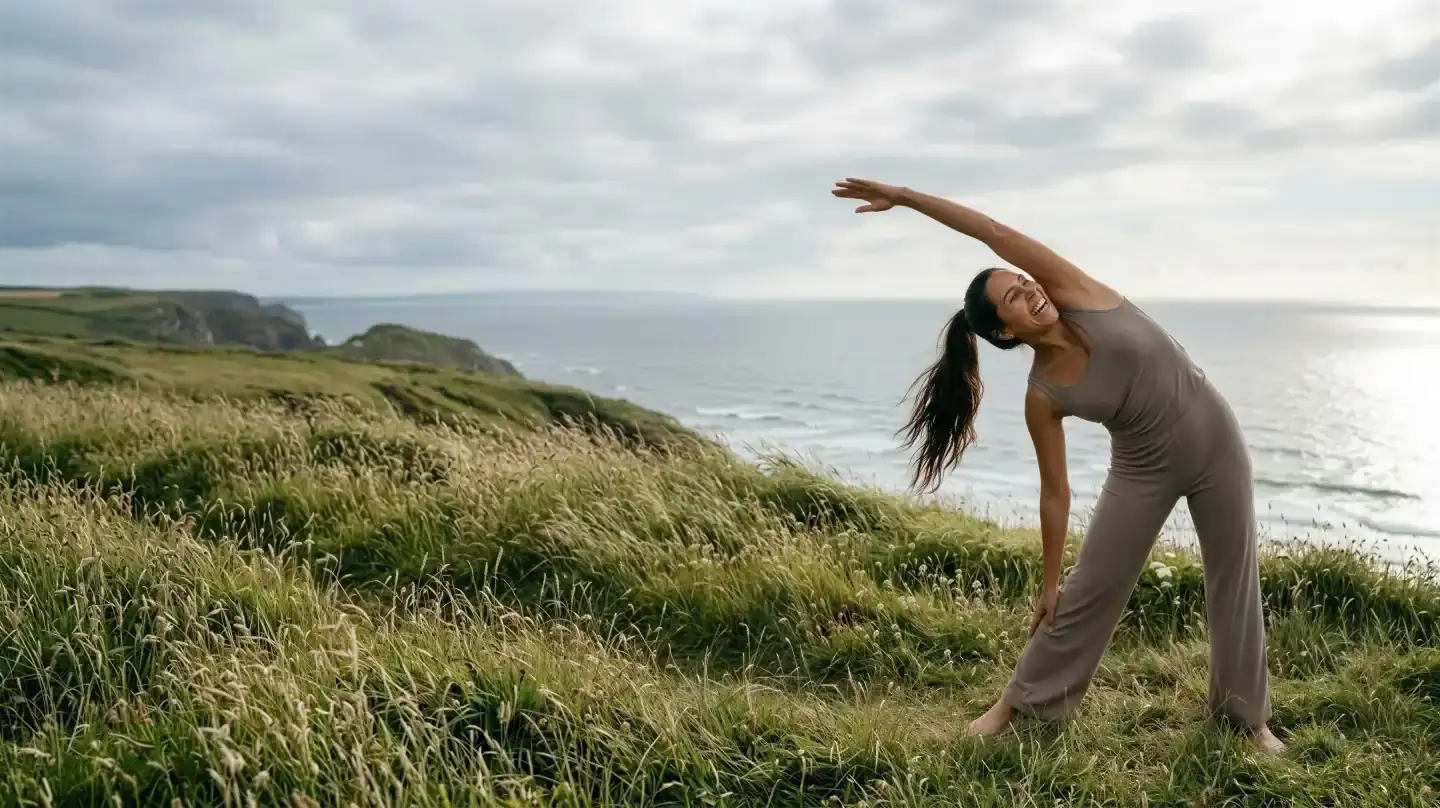 Woman stretching on a grassy sea cliff in soft daylight, evoking a toned, natural-looking result from non-surgical body contouring in Dallas