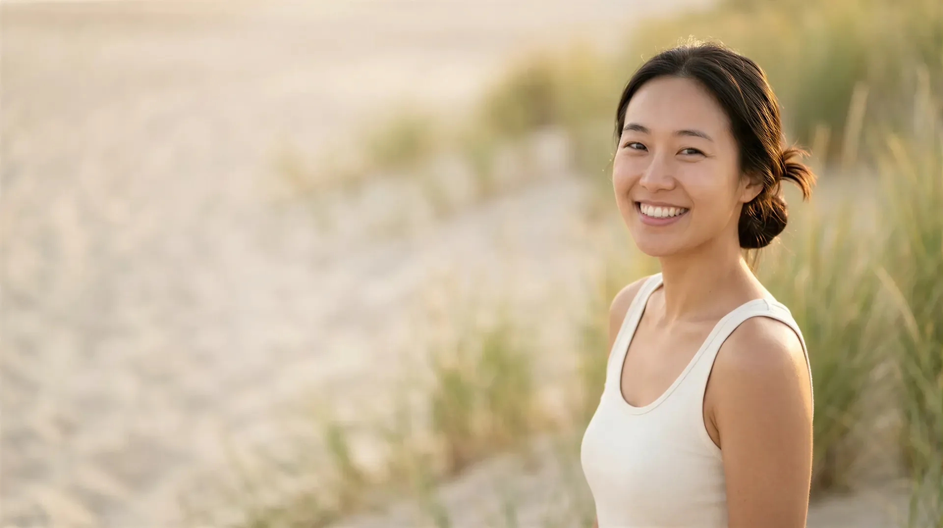 A relaxed woman with a warm smile standing among coastal dune grass in soft golden-hour light, evoking the natural, personalized concern-first care at a Dallas med spa
