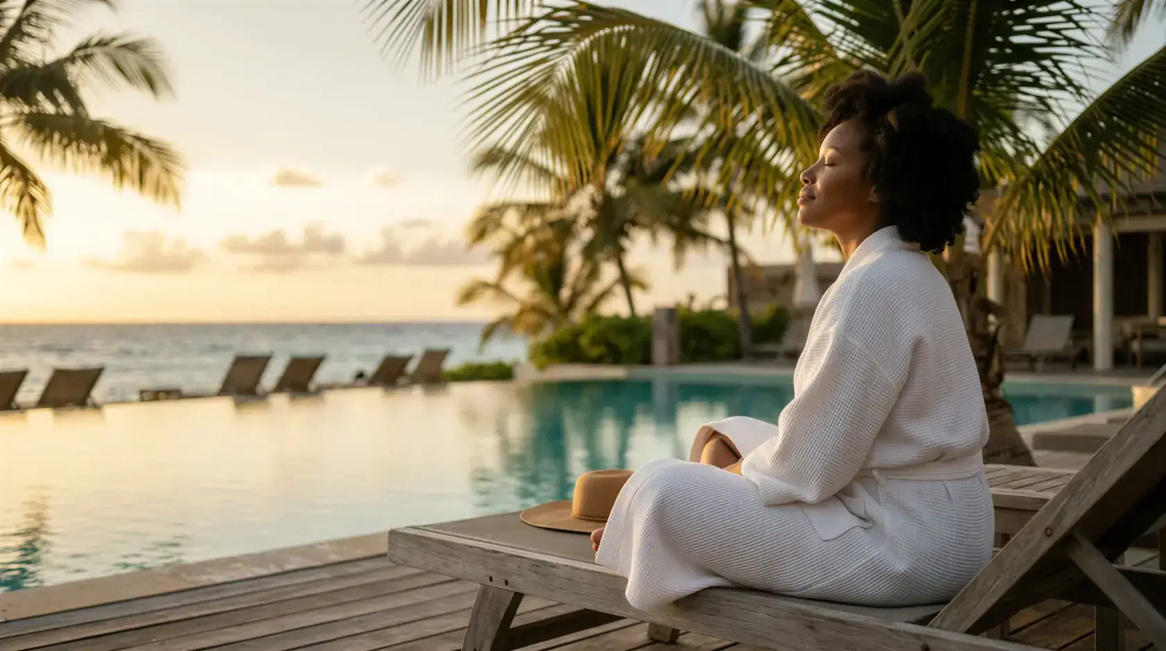 Woman in a white robe relaxing poolside at sunset, evoking renewed energy and vitality care in Dallas