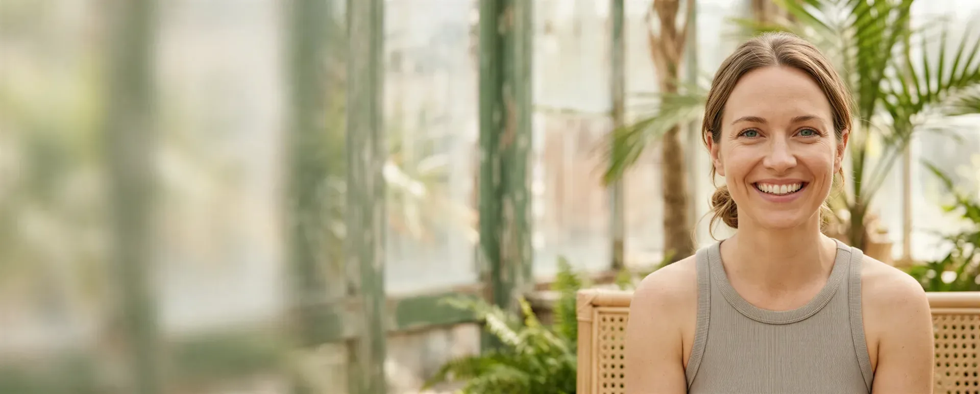Smiling woman with clear, healthy skin seated among greenhouse plants in warm daylight, evoking medical-grade facials and peels in Dallas