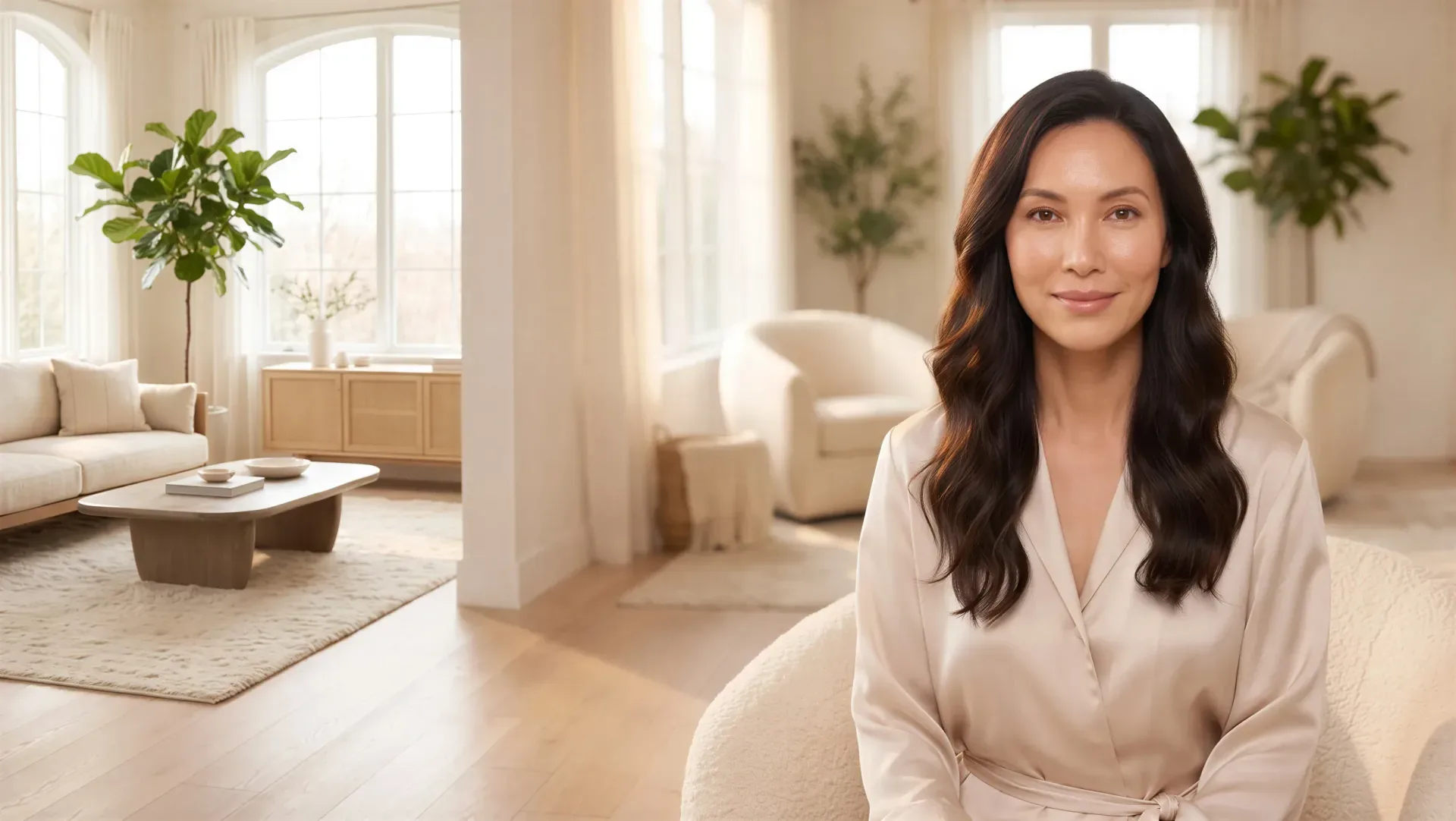Woman looking calm and energized in a bright, sunlit living room, evoking hormone therapy and wellness care in Dallas