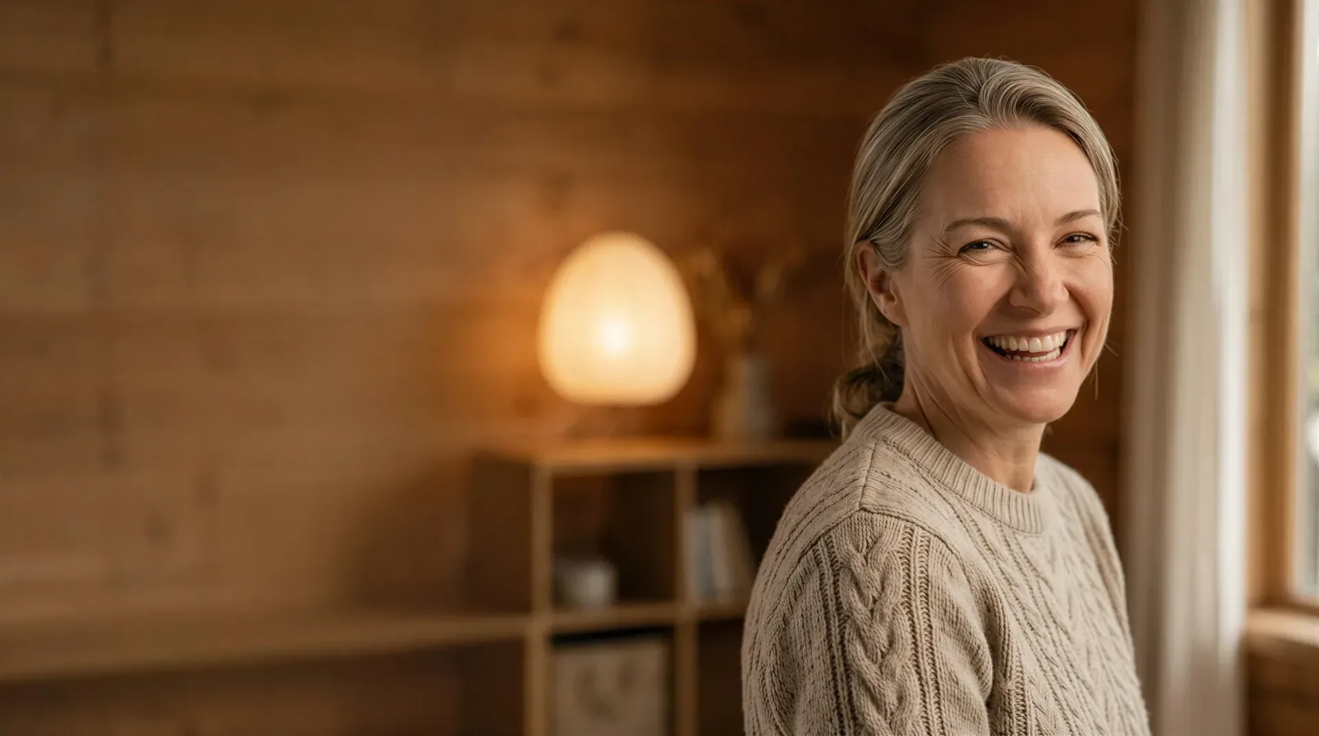Smiling woman with natural, refreshed skin in a warm wood-toned interior, evoking conservative Botox and injectable care in Dallas