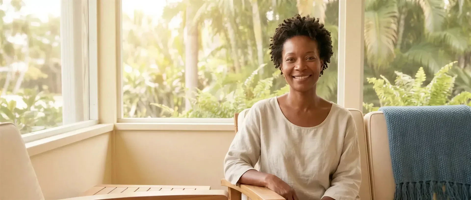 Woman with clear, even skin seated in a bright, plant-filled sunroom, evoking laser and light skin care in Dallas