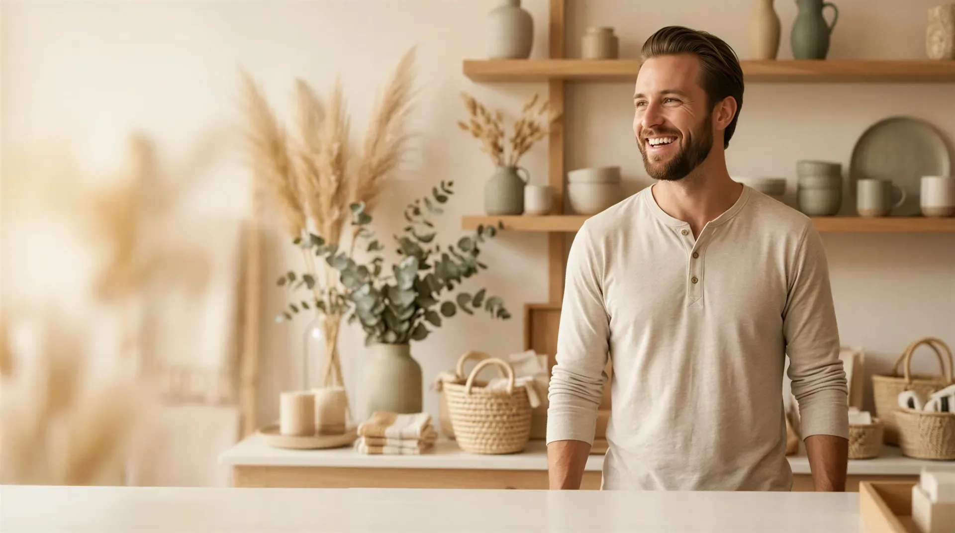 Relaxed, smiling man in a warm, softly-lit home setting, evoking healthy, natural-looking skin from skin and appearance treatments in Dallas