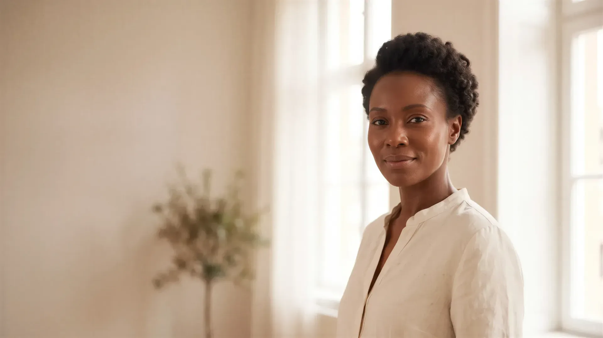 Woman with firm, lifted skin in a bright, sunlit room, evoking non-surgical skin tightening in Dallas