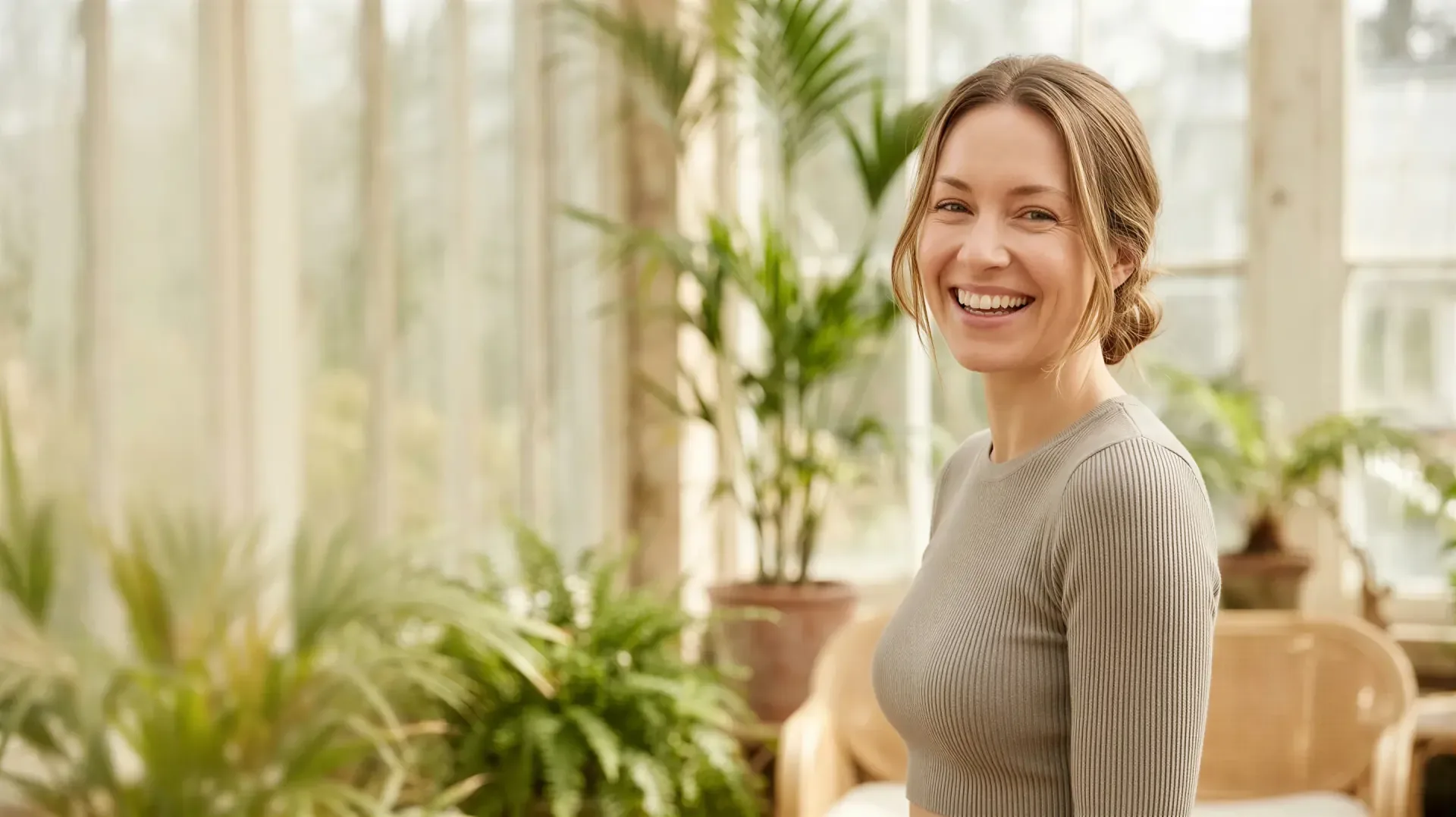 Light-haired woman smiling in a warm, plant-filled conservatory by bright windows, evoking the full range of med spa treatments in Dallas