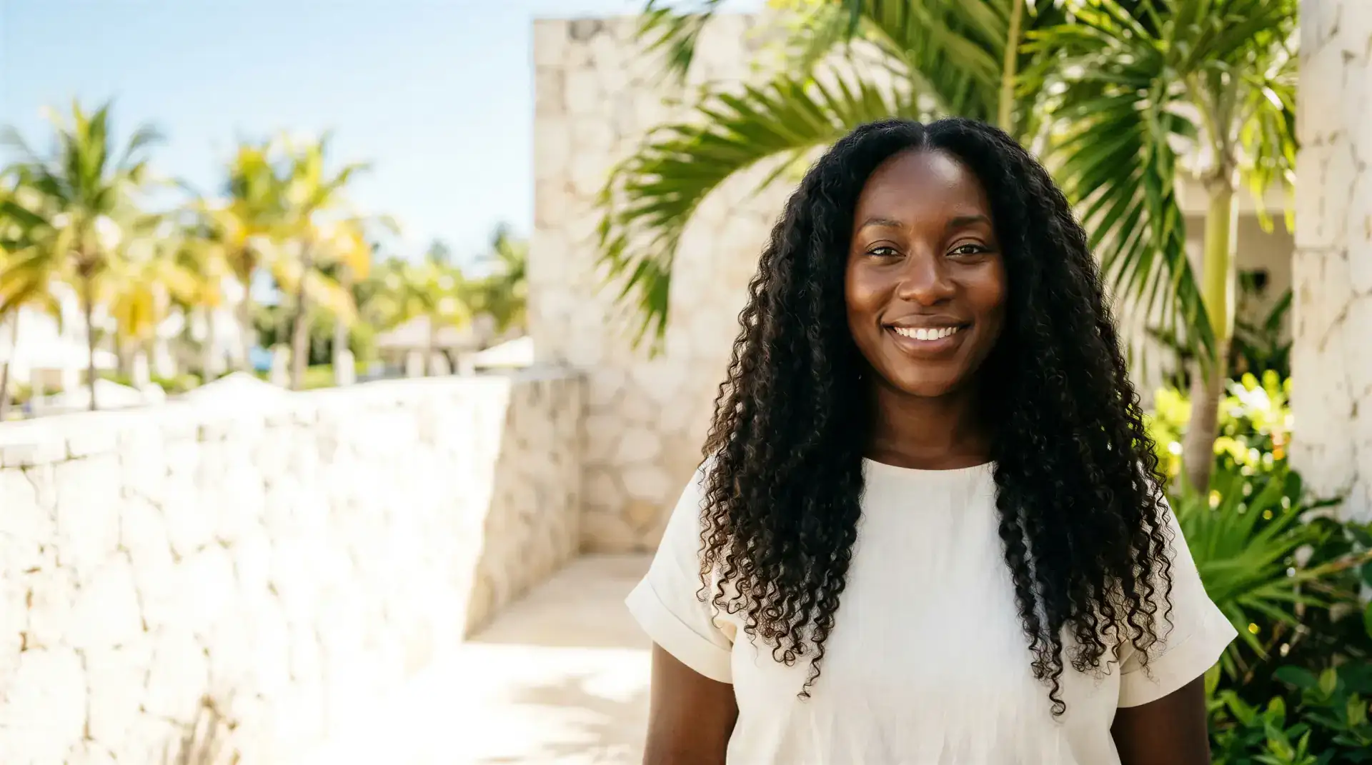 Smiling woman with long, full, healthy natural curls on a sunlit resort walkway