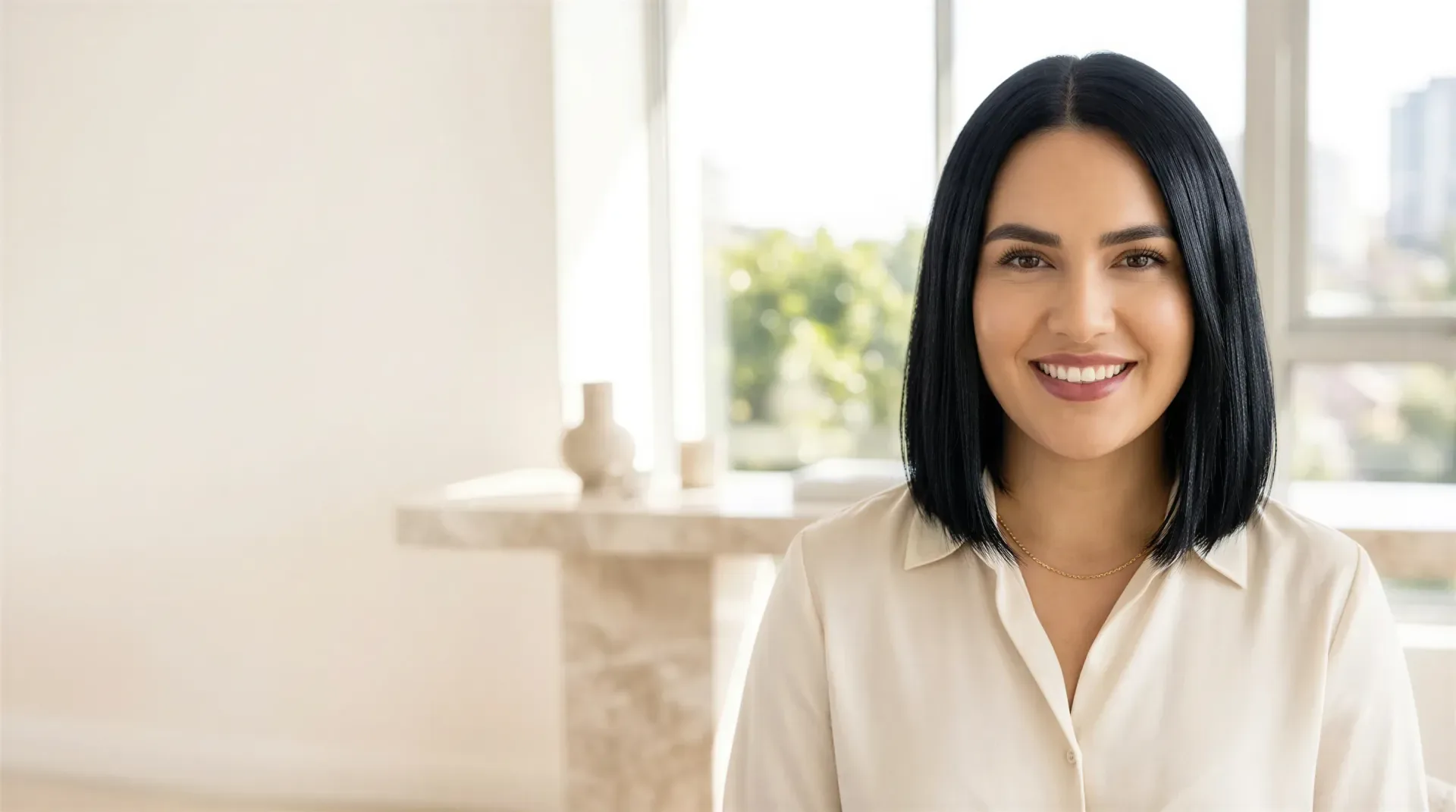 Smiling dark-haired woman standing in a bright, airy, sunlit room