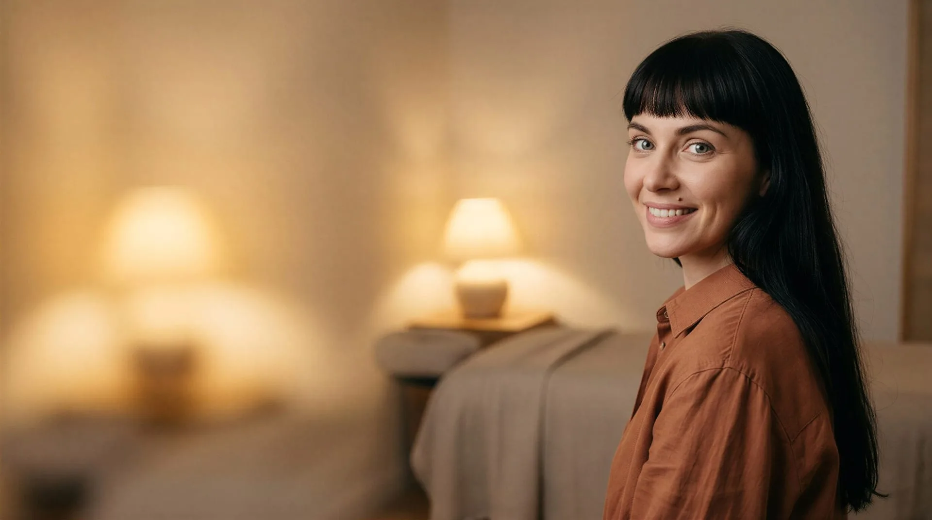 Woman with smooth skin and dark hair smiling in a warmly lit spa, reflecting laser hair removal results in Dallas