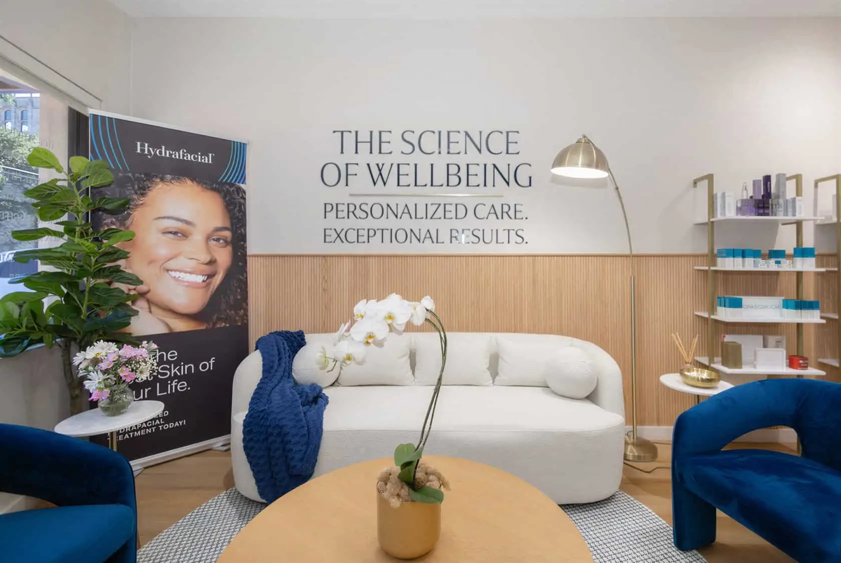Warm, sunlit lounge interior at Well Labs+ on Lovers Lane in Dallas