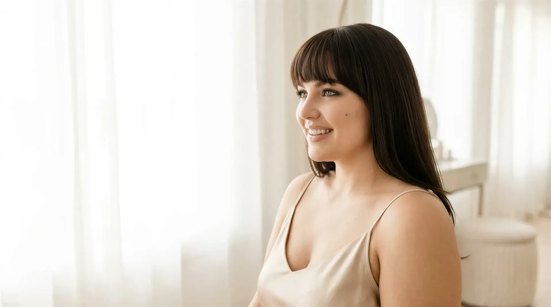 Woman with smooth, luminous skin looking to the side in soft window light, evoking Lutronic Ultra resurfacing and tightening results in Dallas