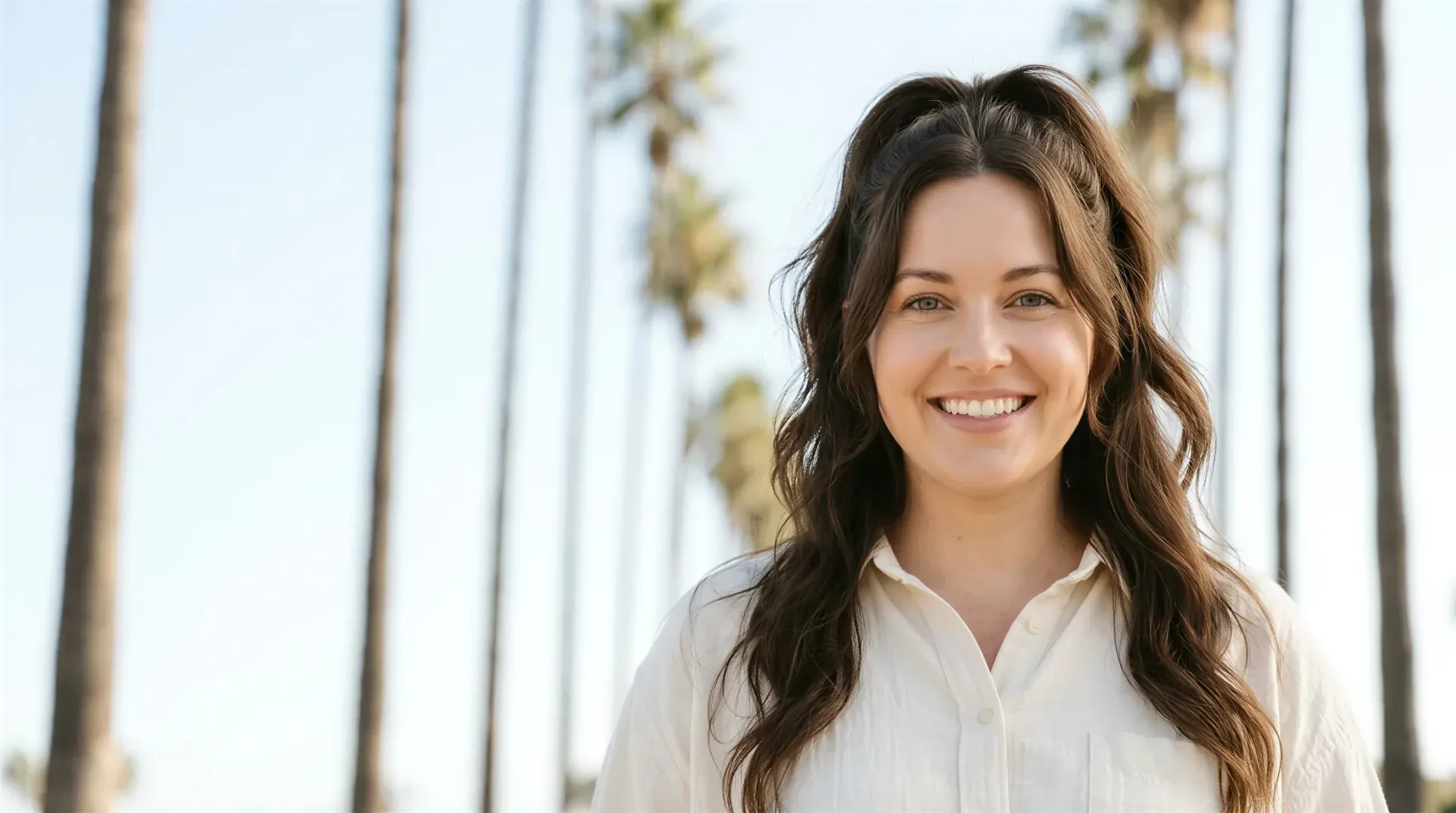 Woman with long brown hair smiling under tall palms in bright Dallas daylight, reflecting the softer jawline masseter Botox provides