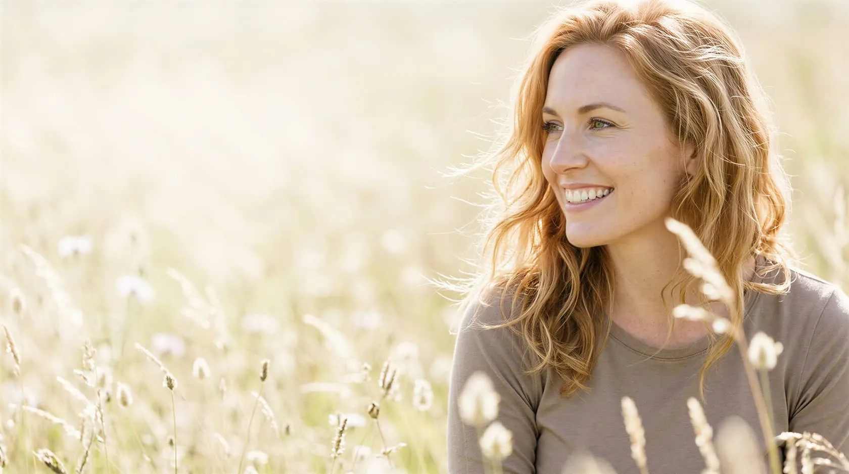 Red-haired woman smiling outdoors in a sunlit meadow, evoking clear, healthy results from laser nail fungus treatment in Dallas