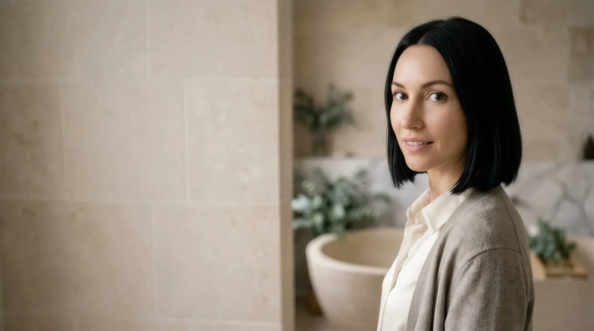 Woman with firm, smooth skin and a sleek bob in a serene spa setting, evoking PDO Smooth Threads collagen results in Dallas