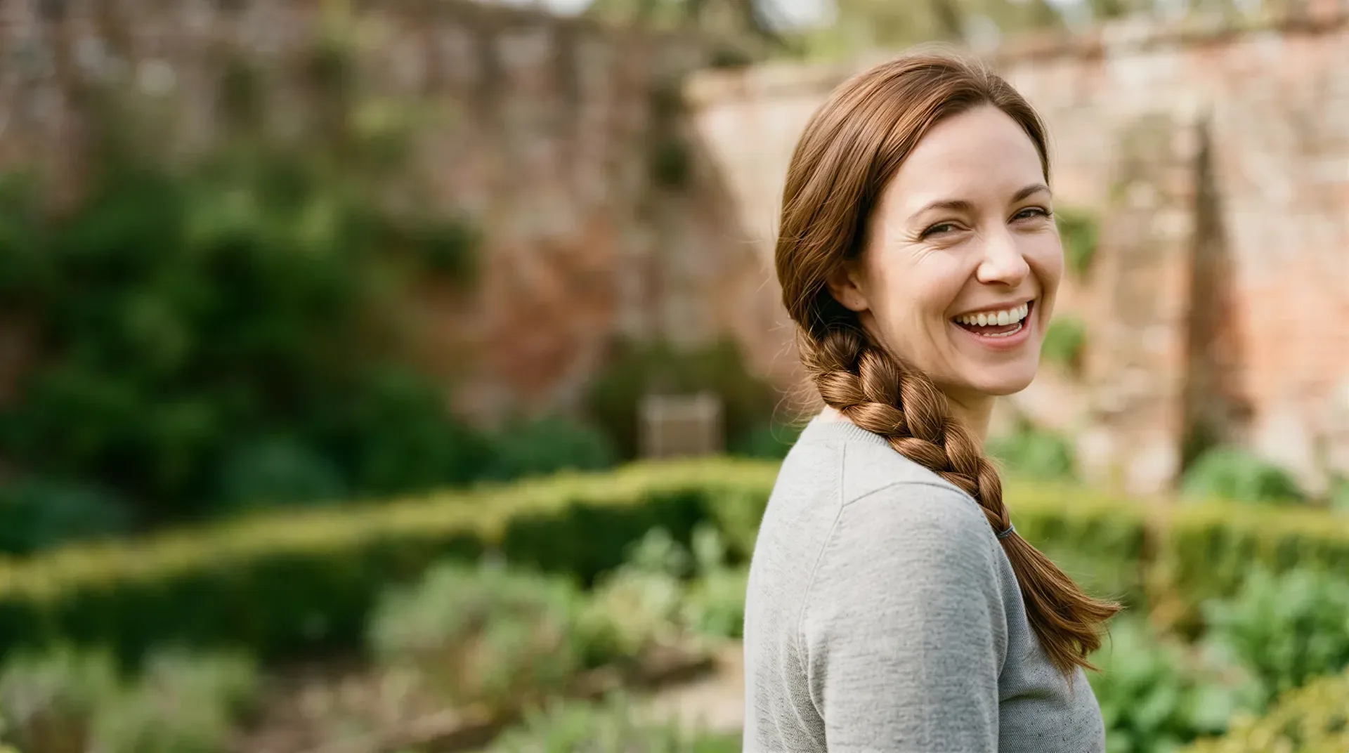Smiling woman with a braid in a walled garden in warm daylight, evoking natural-looking Restylane filler results in Dallas