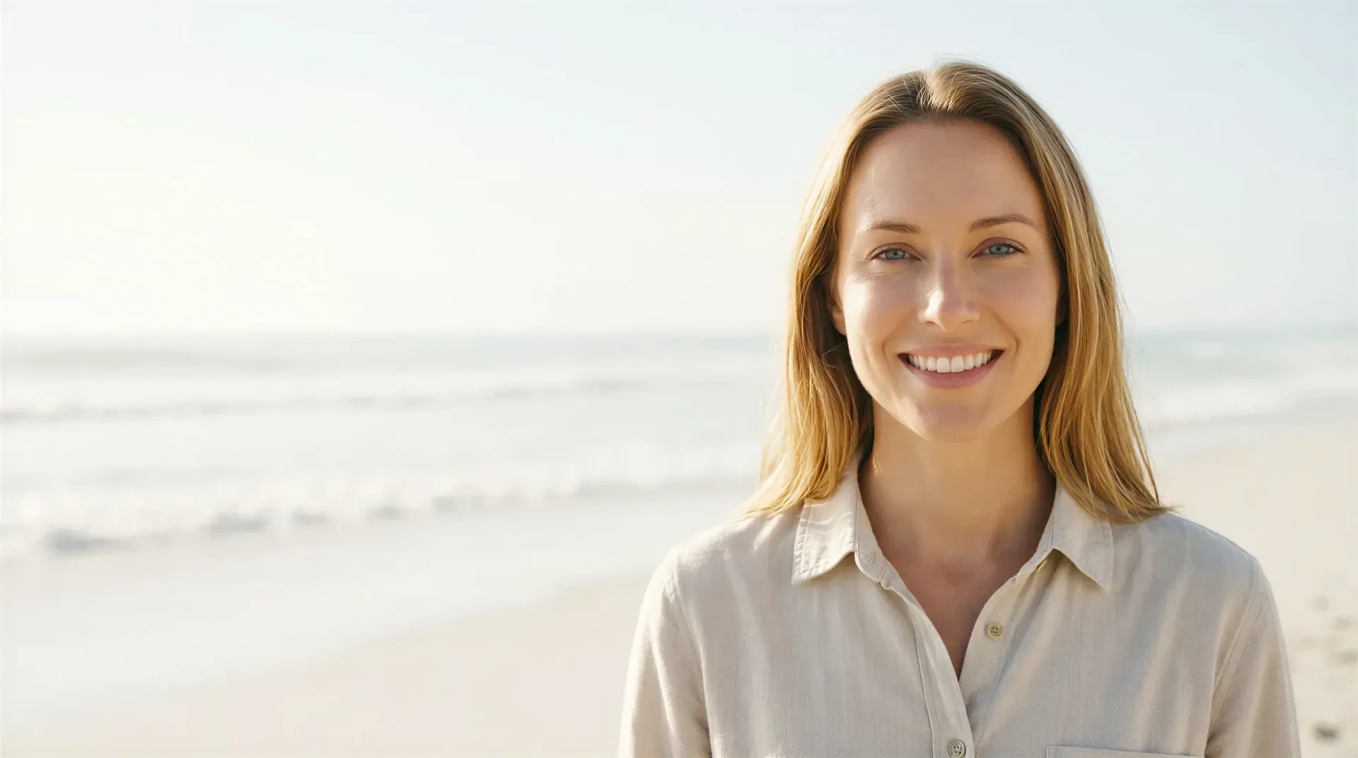Smiling woman with healthy, glowing skin on a sunny beach, evoking gentle SkinPen microneedling results in Dallas
