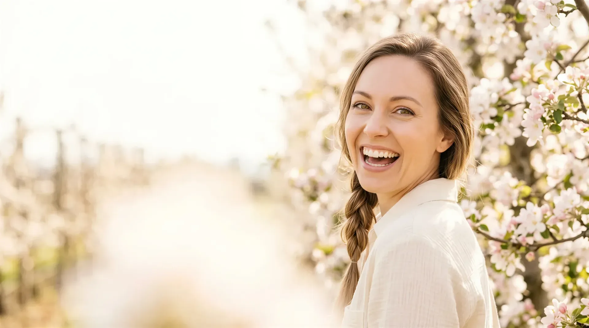 Laughing woman with lifted, firm skin among spring blossoms, evoking non-surgical Ultherapy results in Dallas