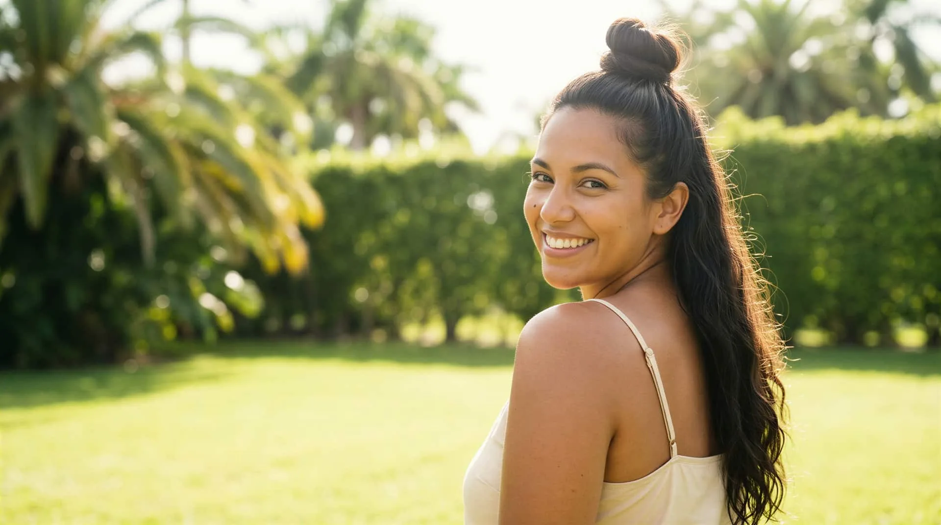 Woman with a relaxed, natural smile in a sunlit garden, reflecting conservative Xeomin results in Dallas