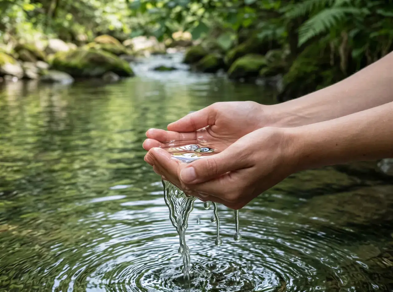 Cupped hands catching fresh running water in a mossy stream, evoking the renewed vitality of hormone replacement therapy
