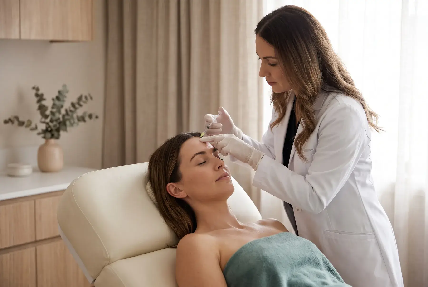 A gloved Well Labs+ provider placing a small, conservative wrinkle-relaxer injection in a relaxed client’s forehead