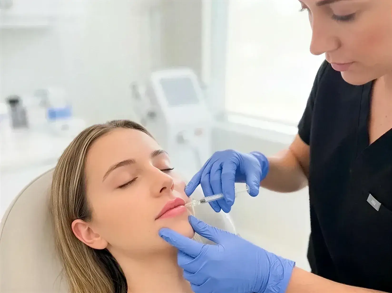 A gloved provider carefully injecting dermal lip filler into a client's lips