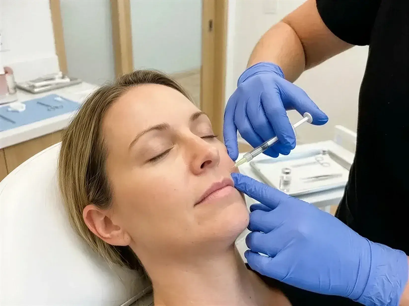 A gloved provider injecting Versa dermal filler near a reclining client's lips