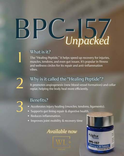 Your body’s been asking for a reset… this is it.
BPC-157 🤍
The peptide everyone’s been whispering about

→ supports recovery
→ helps reduce inflammation
→ promotes faster healing

For the gym days, the long weeks, and everything in between

Tap in. your body will thank you.
💛 Where Advanced Medical Aesthetics Meets Modern Beauty
☎️ 214-238-2251
📍 5009 W Lovers Lane, Dallas
💻 dallas.welllabsplus.com
✨ Let’s get you started