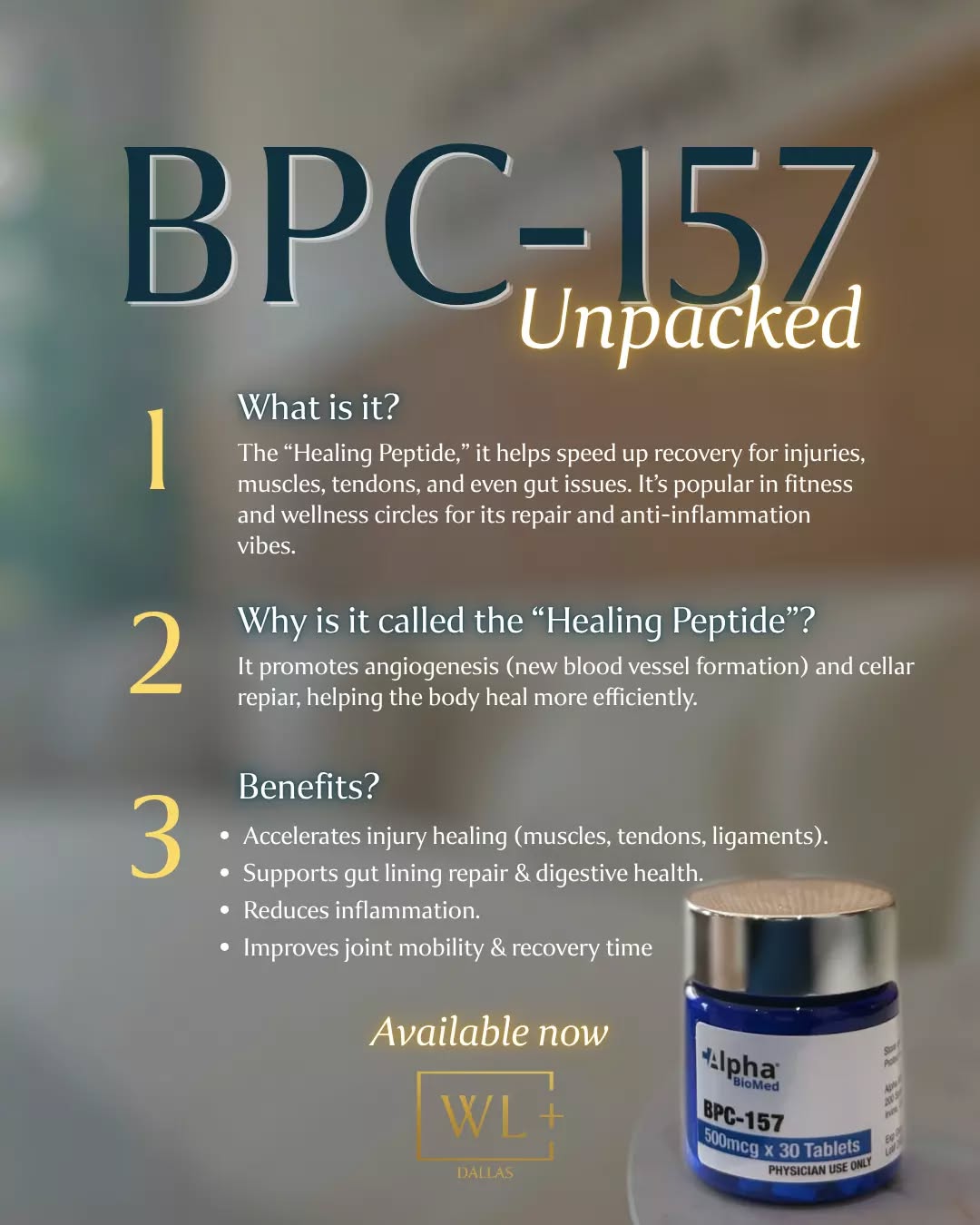 Your body’s been asking for a reset… this is it.
BPC-157 🤍
The peptide everyone’s been whispering about

→ supports recovery
→ helps reduce inflammation
→ promotes faster healing

For the gym days, the long weeks, and everything in between

Tap in. your body will thank you.
💛 Where Advanced Medical Aesthetics Meets Modern Beauty
☎️ 214-238-2251
📍 5009 W Lovers Lane, Dallas
💻 dallas.welllabsplus.com
✨ Let’s get you started